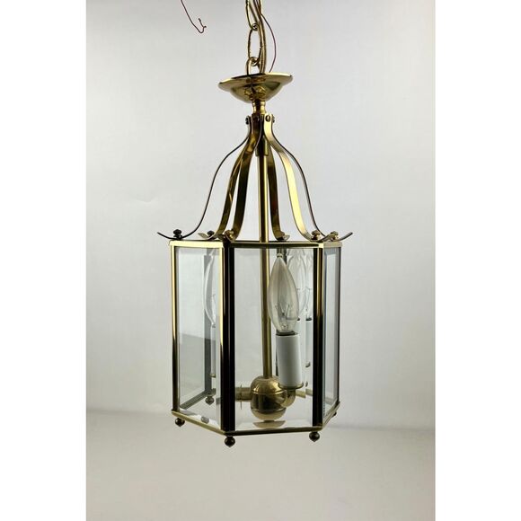 Vintage MCM American Lantern Co Pendant Ceiling Lamp Brass Glass 6 Panel 3 Light - Picture 6 of 12